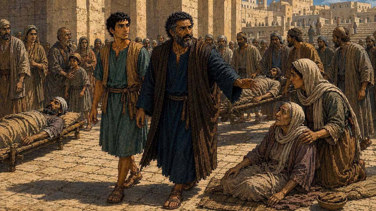 Peter and John walk among sick people on mats and carrying beds in a crowded Jerusalem street.