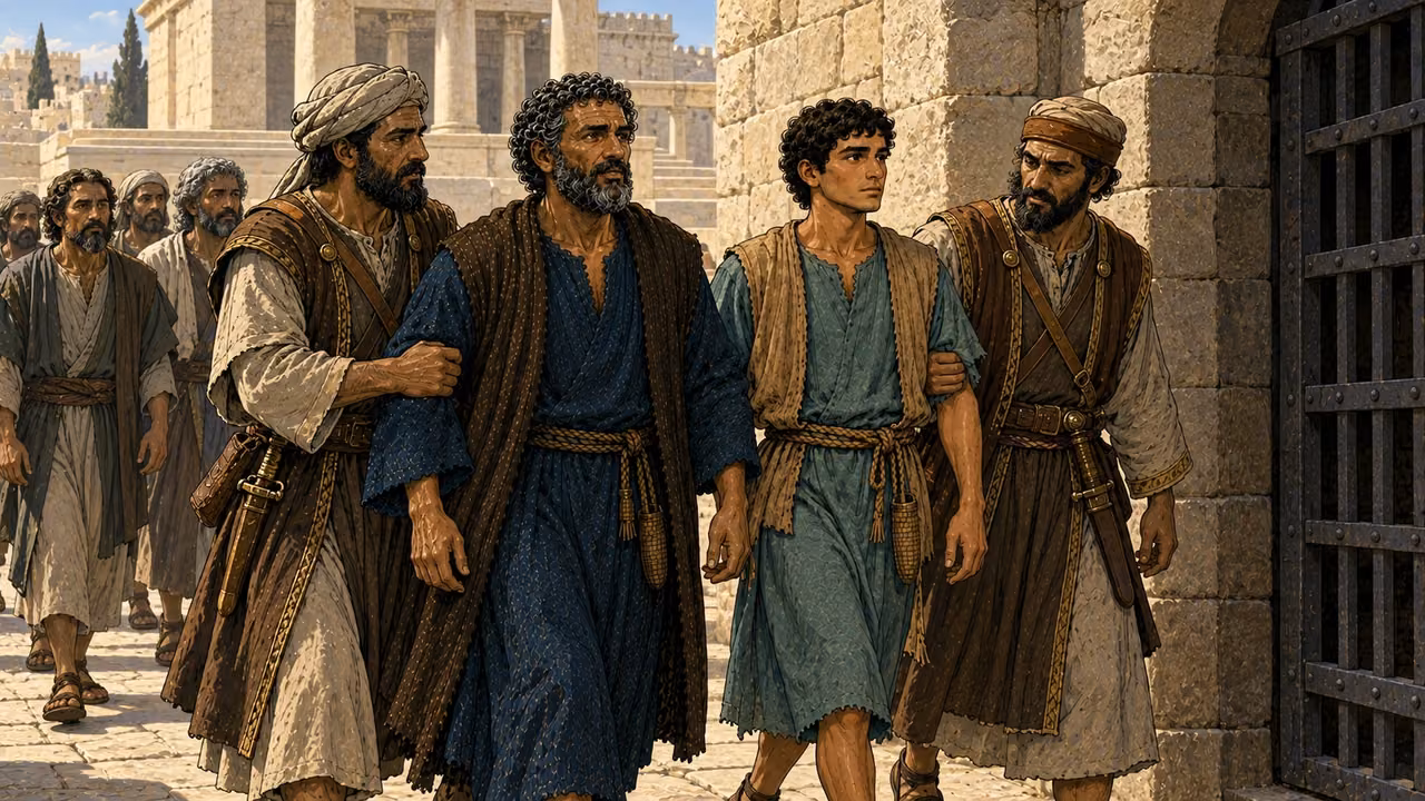 Temple officers guide Peter and John toward a prison entrance, with other apostles behind.