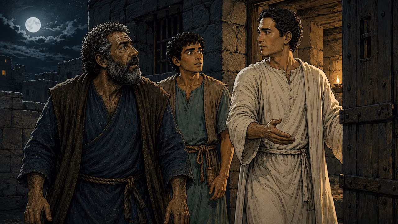 A messenger in plain white clothing leads Peter and John through an open prison doorway at night.