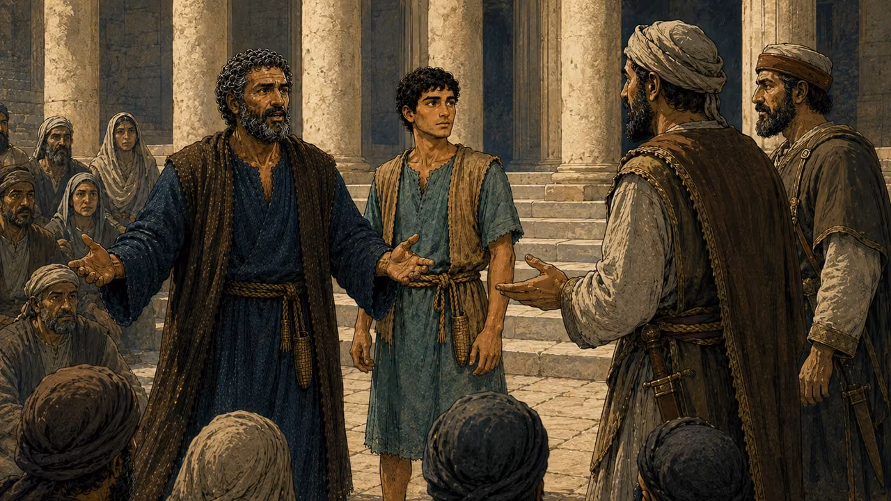 Temple officers approach Peter and John as they teach among listeners in the Temple court.
