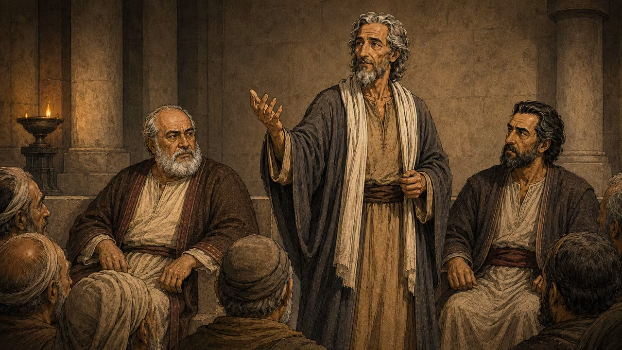 Gamaliel stands with an open hand to address the seated council leaders.
