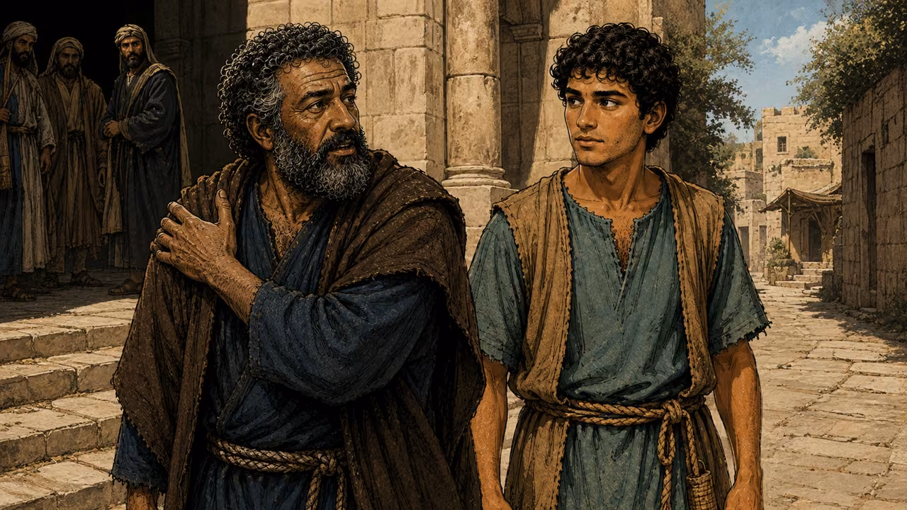 Peter holds his shoulder as he and John leave the council area together, with guards behind them.