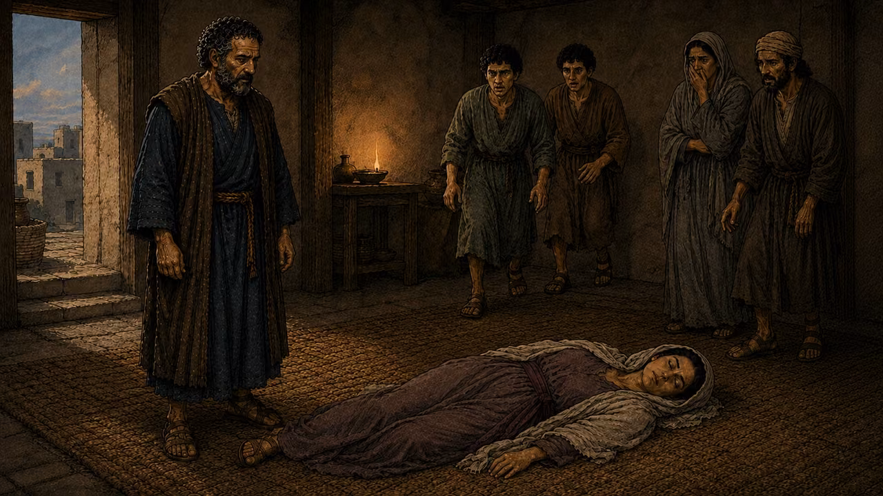 Sapphira lies lifeless on the floor before Peter while returning young men and nearby witnesses react.