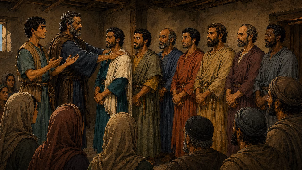 Peter lays his hands on Stephen before six other selected men while John and the gathered believers look on.