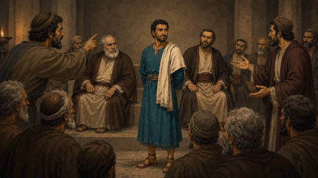 Stephen stands calmly in a teal tunic and cream mantle before the council as witnesses accuse him.