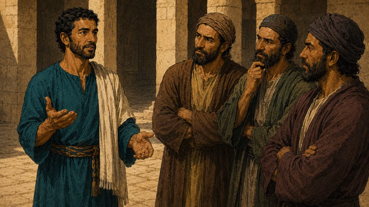 Stephen in a teal tunic and cream mantle speaks with several men who question him in a colonnade.