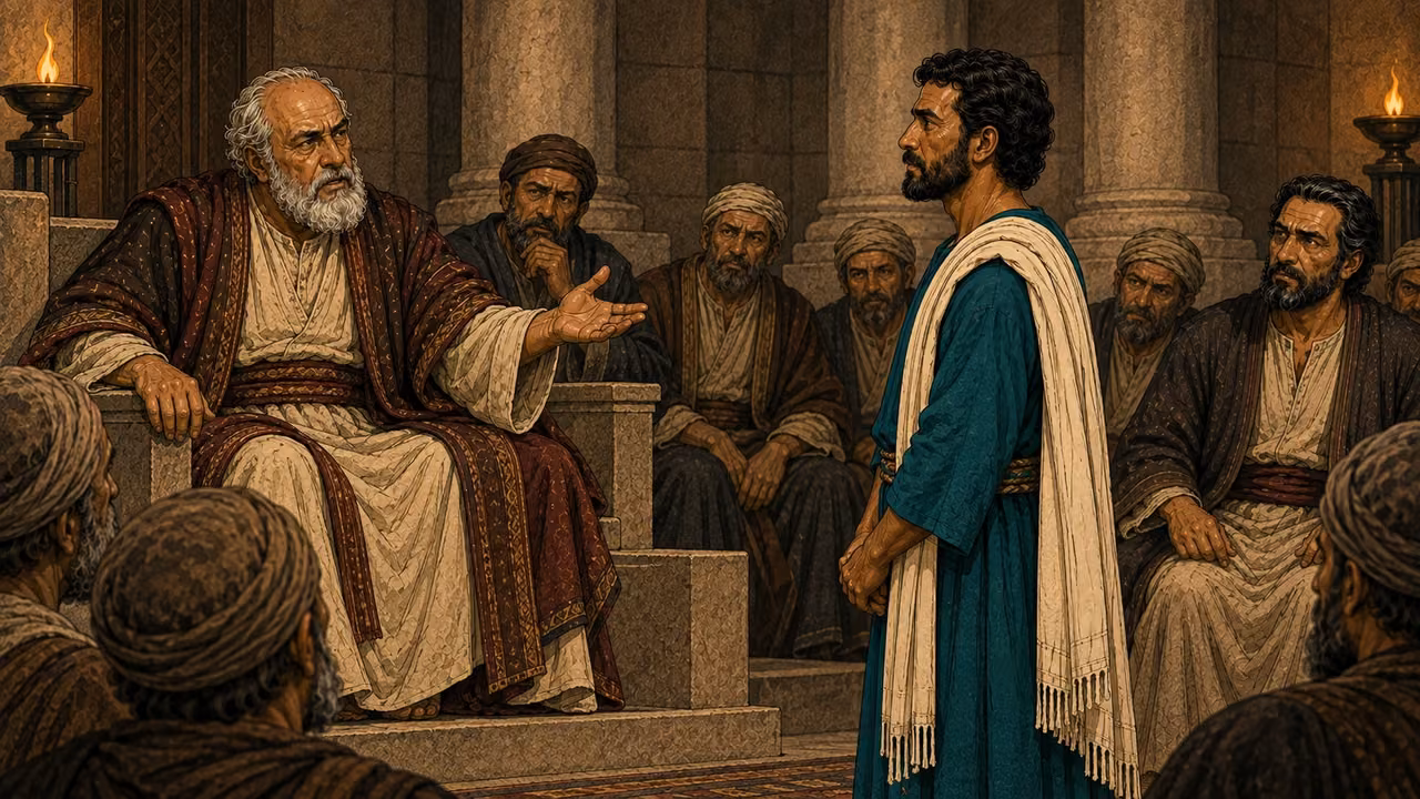 Stephen stands before the seated high priest and council.