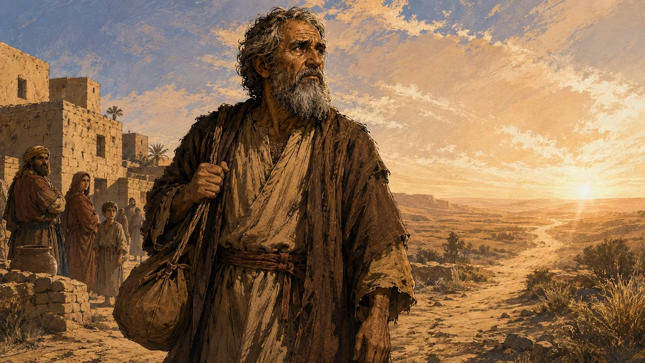 Abraham with a travel bundle leaving a settlement at dawn.