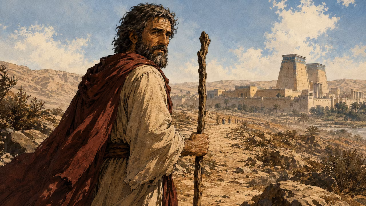A dark-haired Moses with a crimson wrap looking back toward Egypt as he departs.