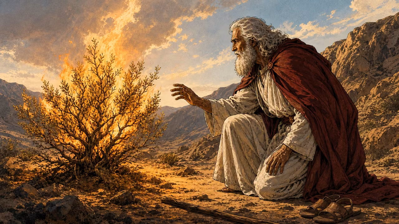 An older white-haired Moses kneeling by a burning bush, with sandals and staff set aside.
