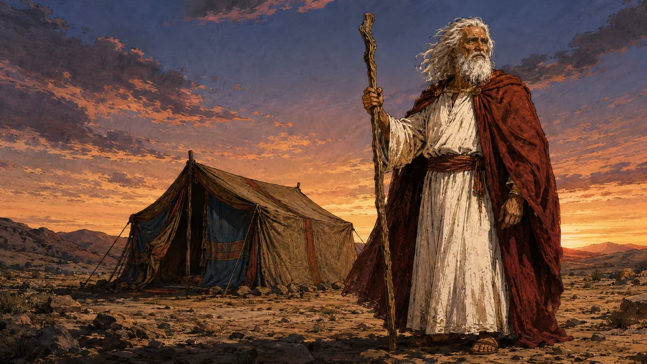 An older Moses standing near an illustrative wilderness tent under an open evening sky.