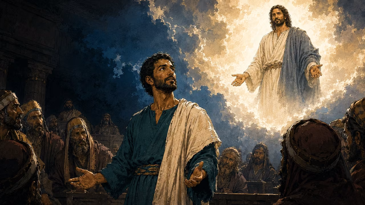 Stephen looking upward as an interpretive vision shows the risen Jesus standing beside bright glory.
