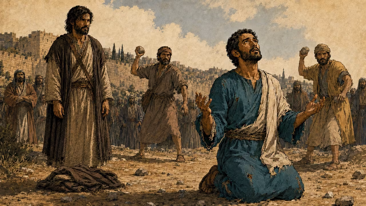 Stephen kneeling in prayer outside the city, with witnesses holding stones and Saul standing beside garments at his feet.