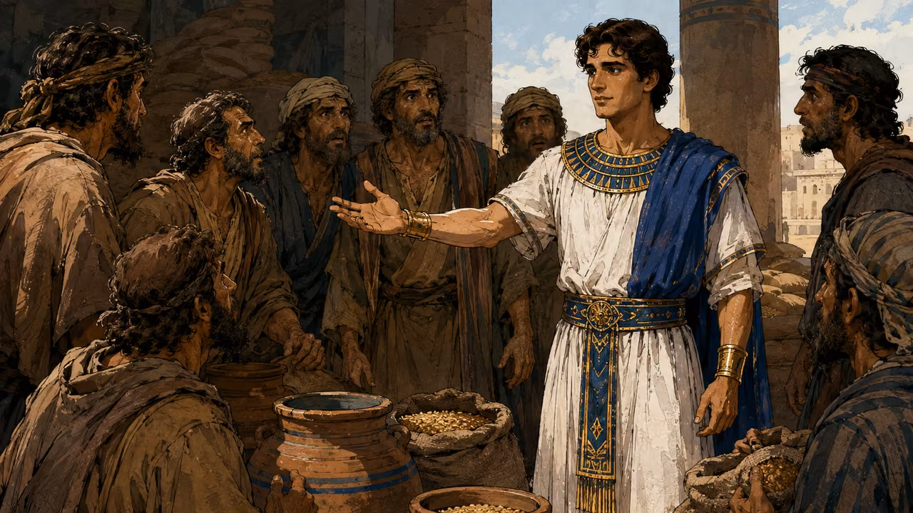 Joseph in blue and white speaking with astonished brothers beside stored grain.
