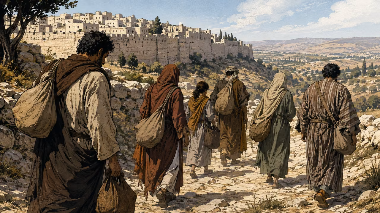 Believers with cloth bundles walking away from a walled city.