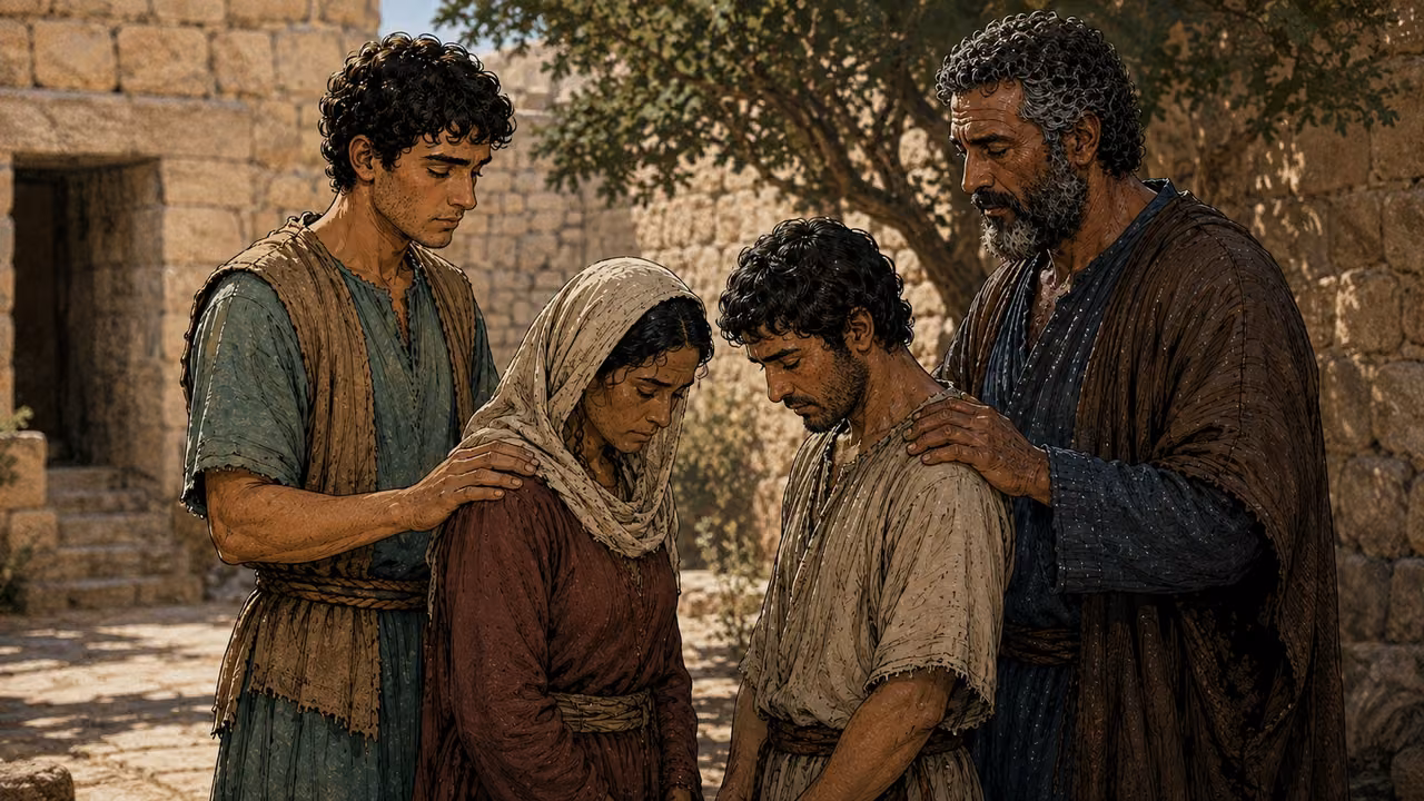 Peter and John laying hands on two believers' shoulders in prayer.