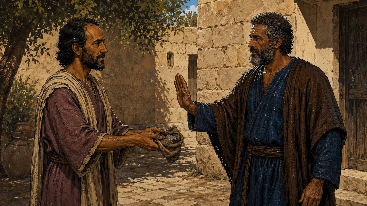 Peter refusing a purse of silver offered by Simon.