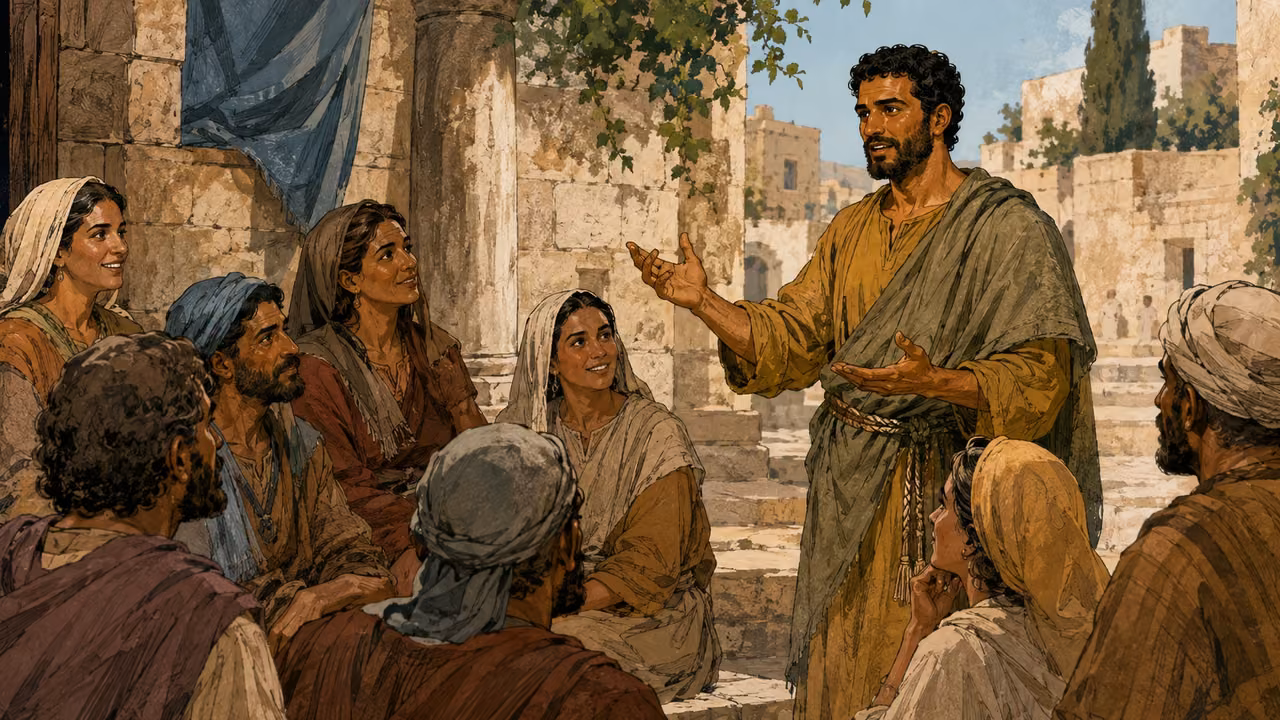 Philip in ochre and olive speaking to a joyful gathering.