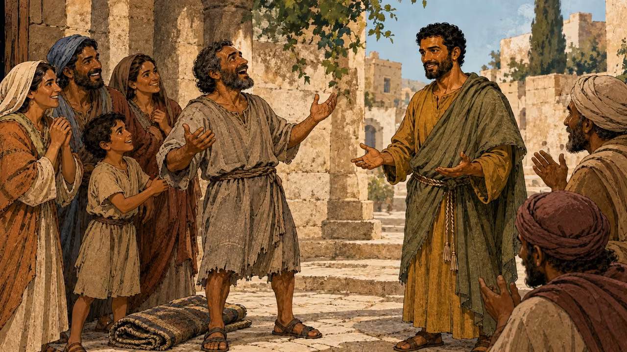 A man stands beside a folded mat while Philip and the gathered people rejoice.