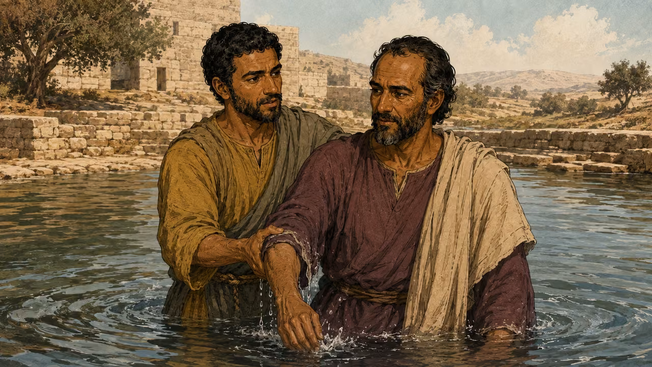 Philip supporting Simon, who wears plum and beige, in baptismal water.