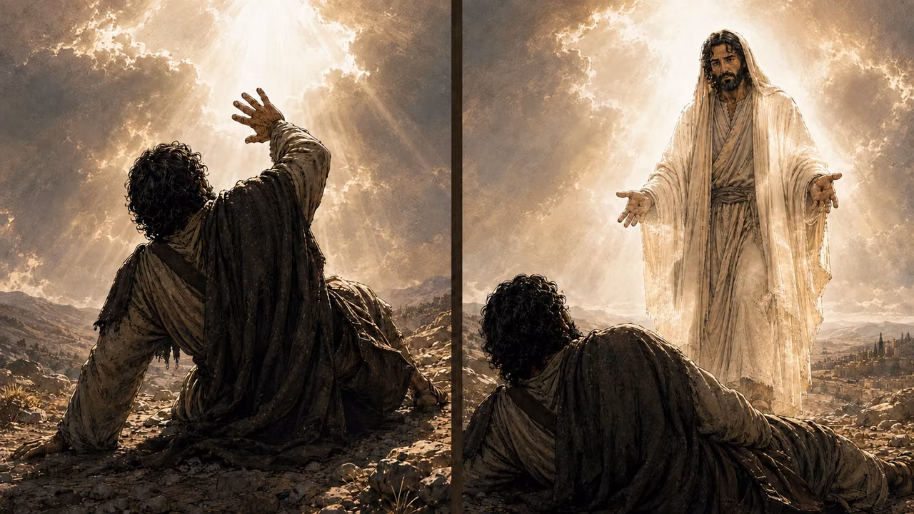 Two-part illustration: dark-clad Saul falls beneath brilliant heavenly light; Jesus in pale draped clothing appears before him with open wounded hands.