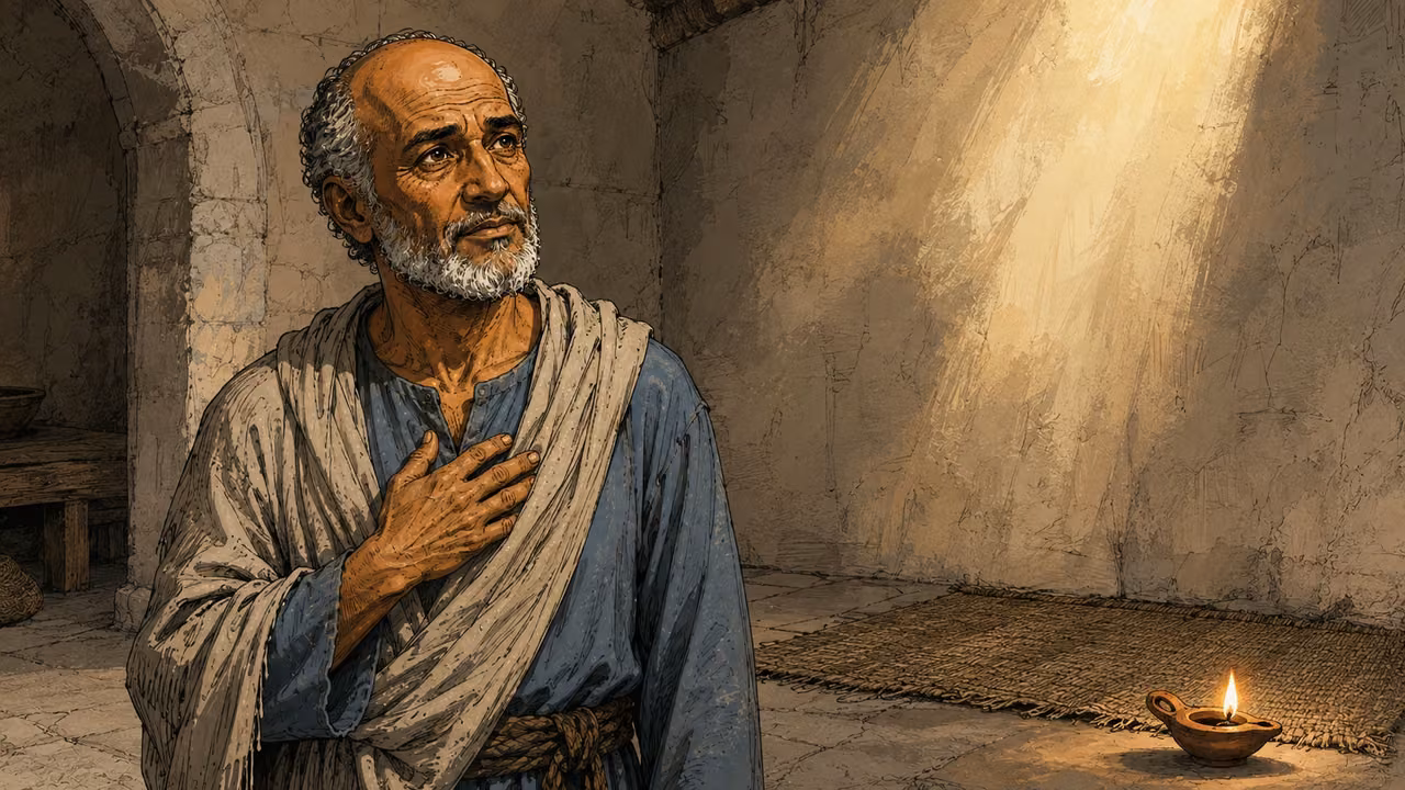 Ananias listening attentively in a simple room.
