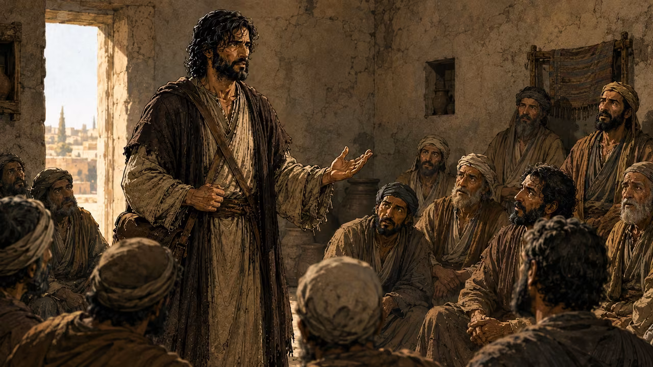 Saul teaching surprised listeners in a simple interior.
