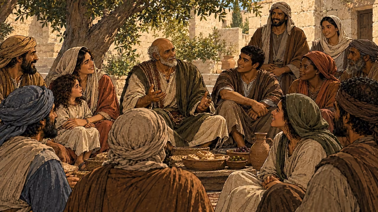 Believers gather peacefully in a courtyard beneath a tree.