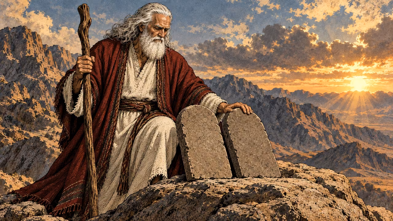Moses considers two new stone tablets resting on bare rock.