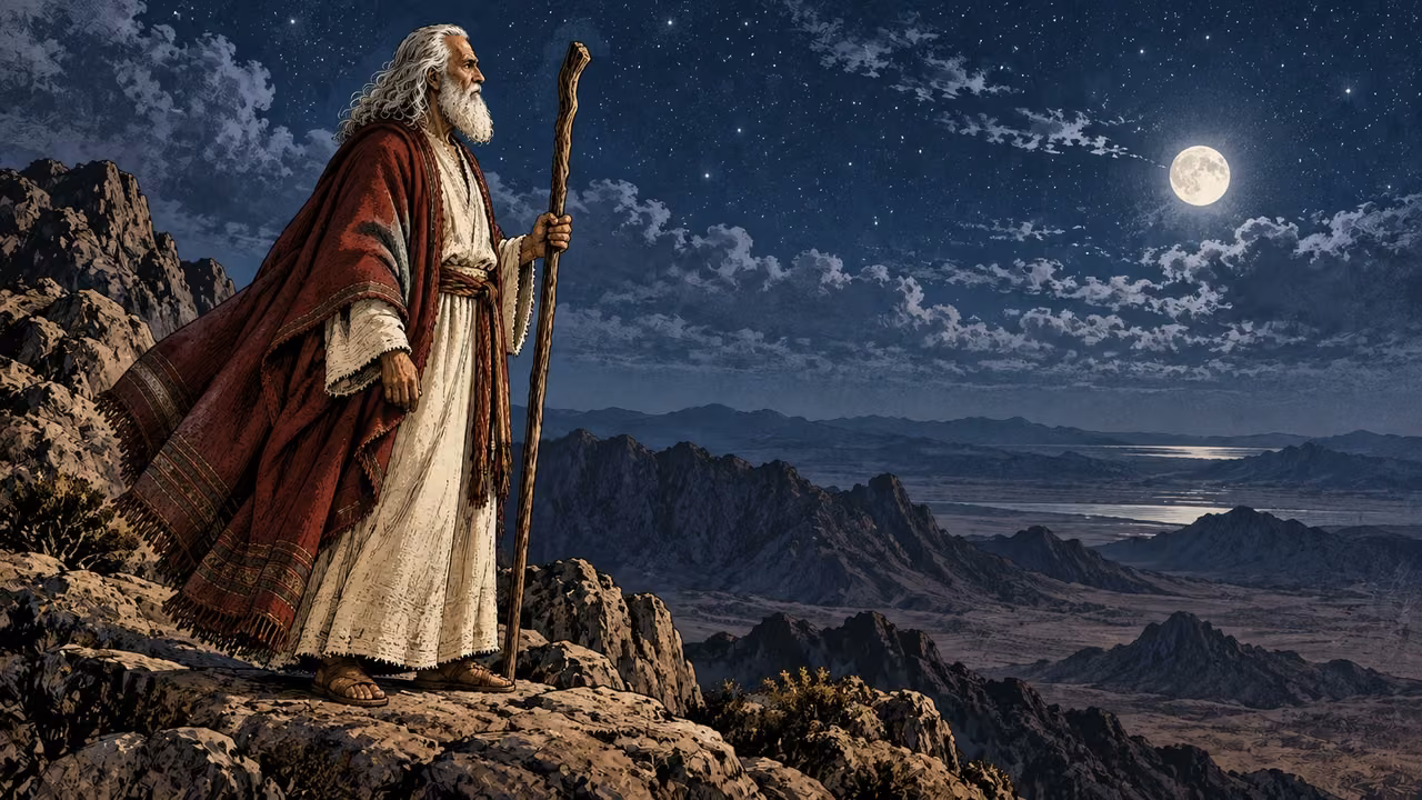 Moses stands alone on a mountain ledge under the stars.