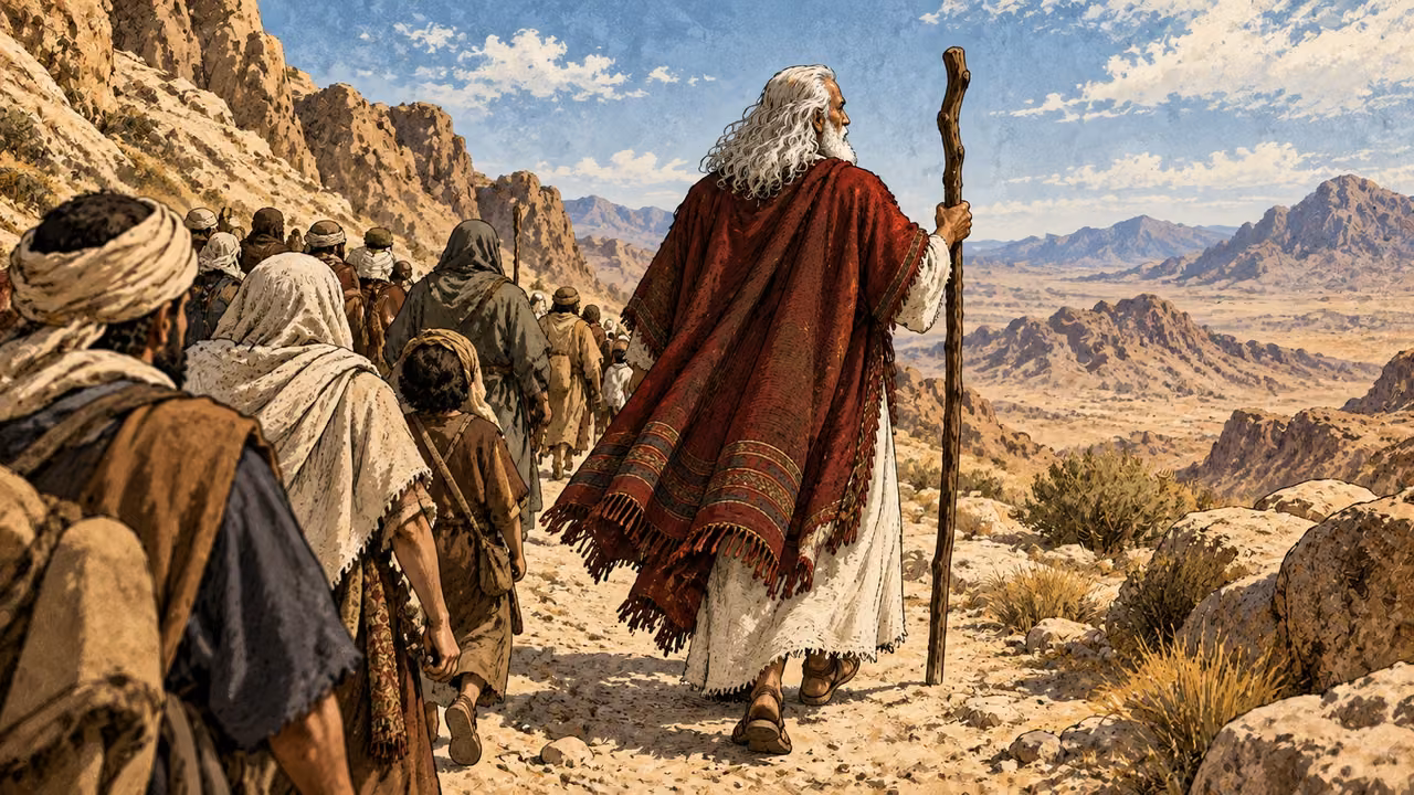Moses sets out with households along a wilderness path.