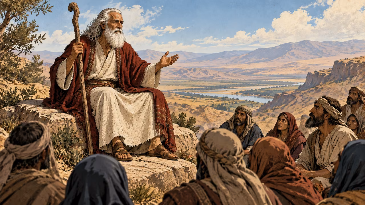 Moses sits on a rock teaching attentive listeners.