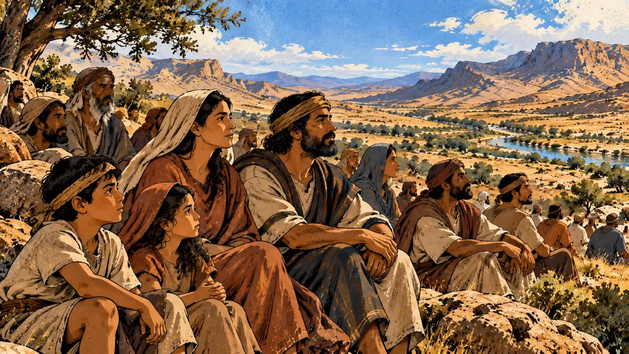 A family listens attentively among the gathered assembly.