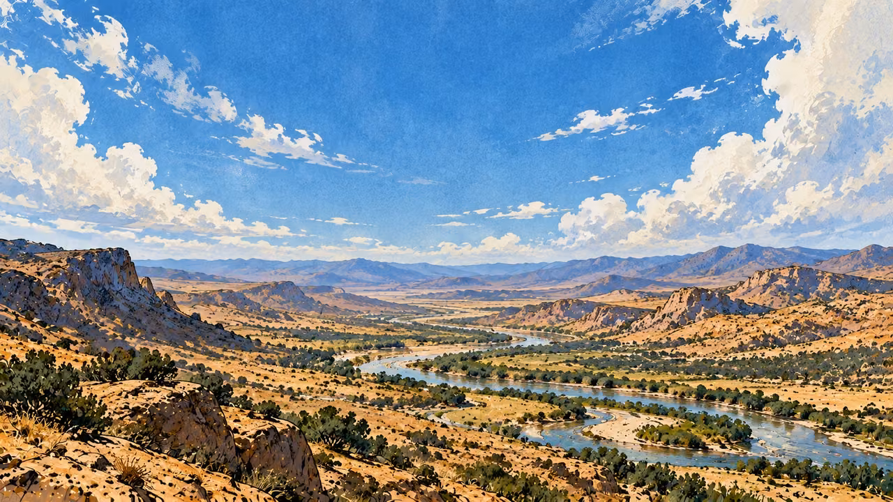 A vast blue sky stretches over mountains, earth, and a winding river.