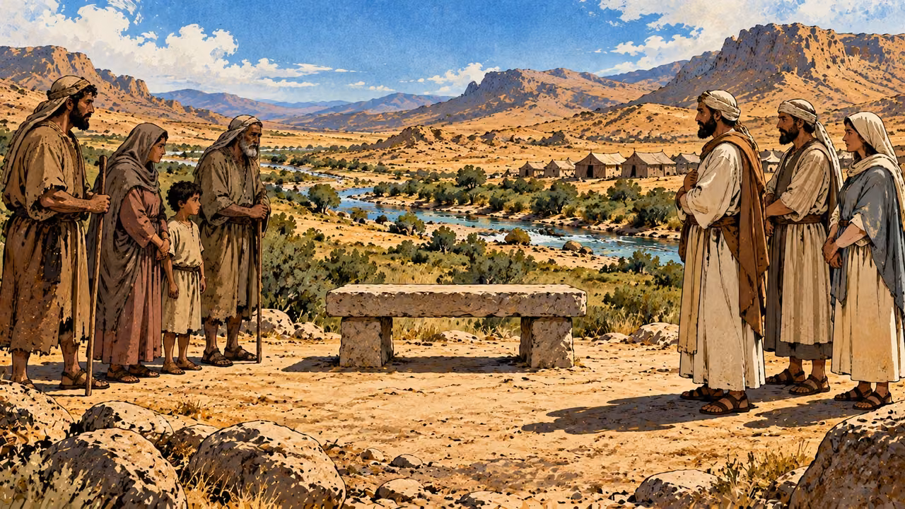 Anonymous petitioners stand on either side of an empty stone bench.