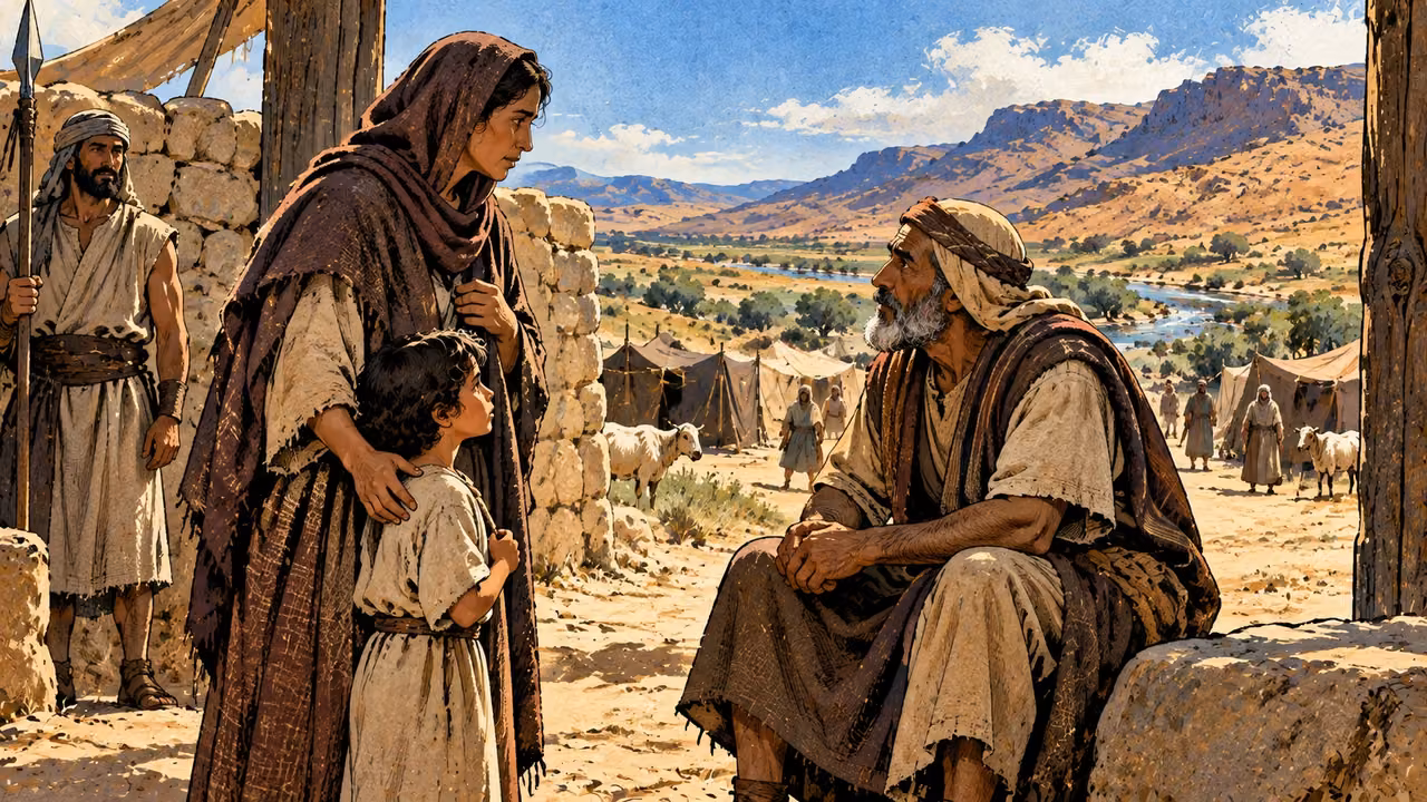 An elder listens to a widow and child at the camp gate.