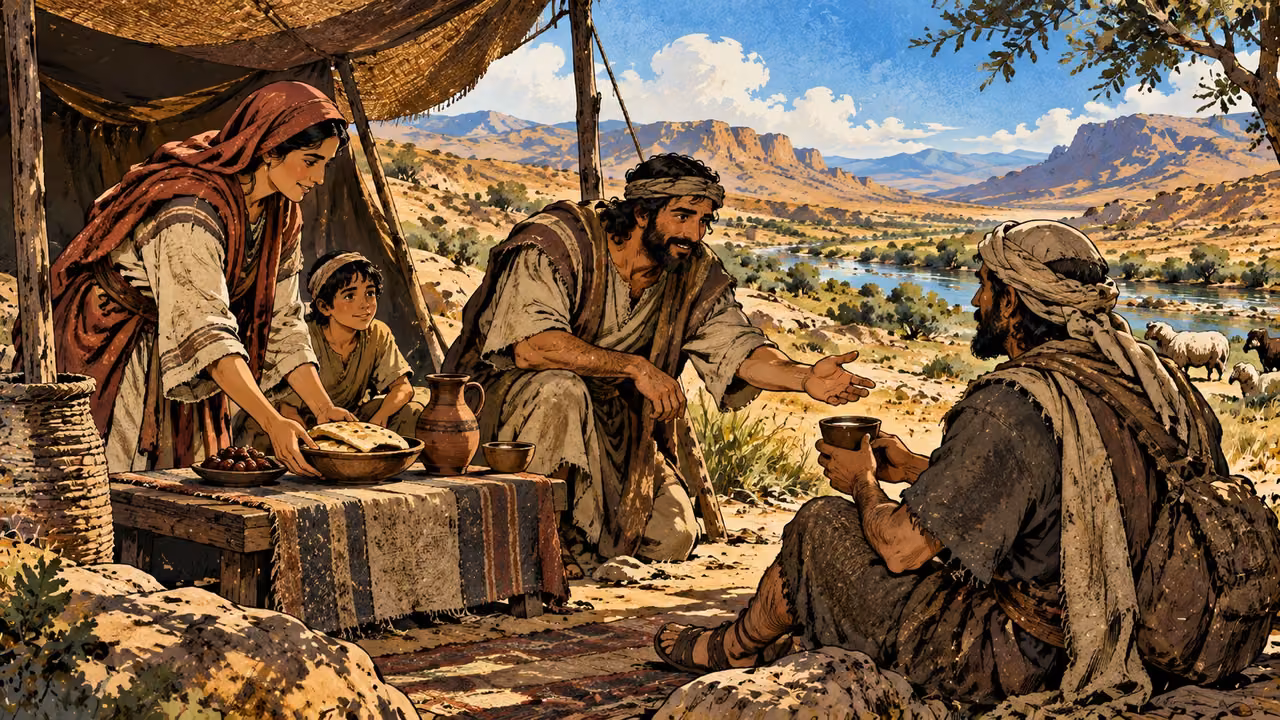 A household welcomes a traveler to share food in tent shade.