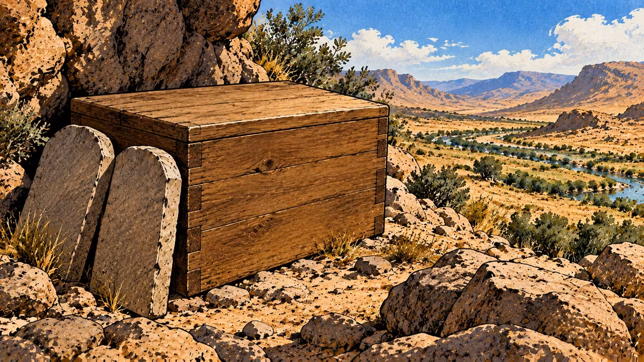 Two stone tablets lean beside a plain wooden ark.