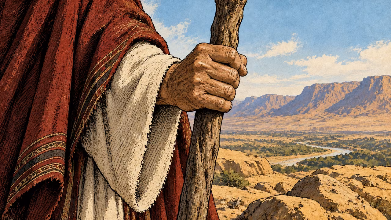Moses’s weathered hand rests firmly on his wooden staff.