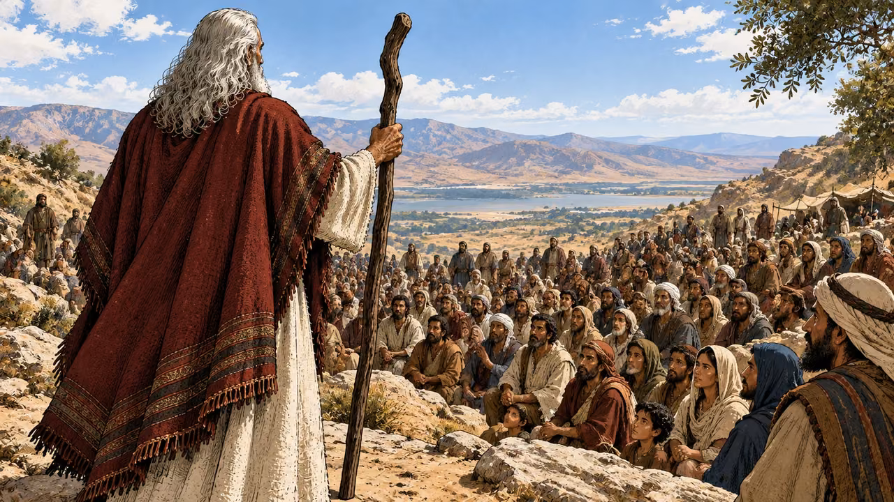 Moses addresses the large gathered assembly from a rocky rise.