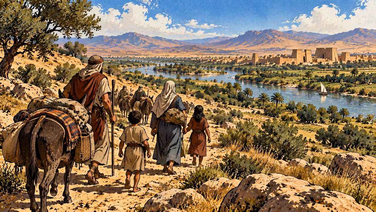 A small household caravan approaches Egypt beside a river.