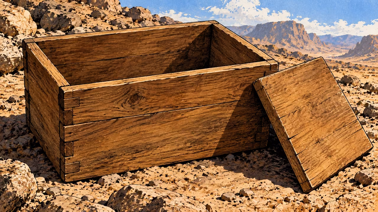 An empty acacia wooden chest stands beside its plain flat lid.