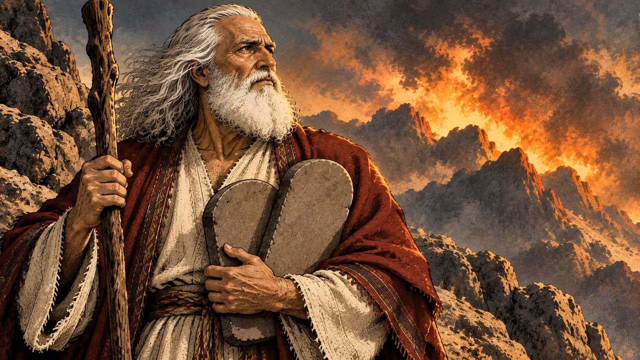 Moses holds the renewed tablets against his robe near the burning mountain.