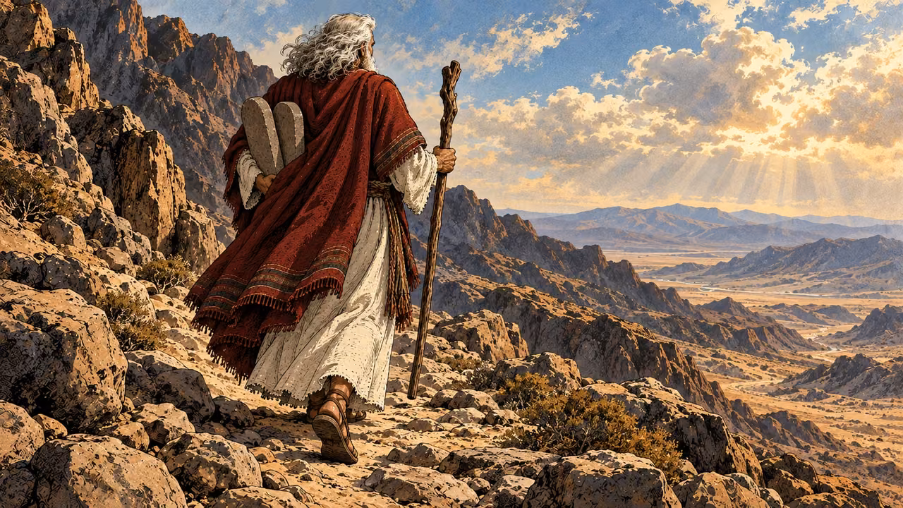 Moses descends a rocky mountain path carrying the two tablets.