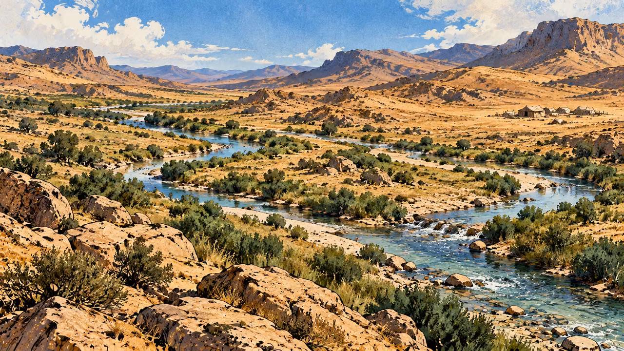 Clear streams wind among arid hills near a distant camp.