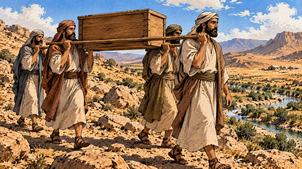 Levite bearers carry the plain wooden ark on poles.