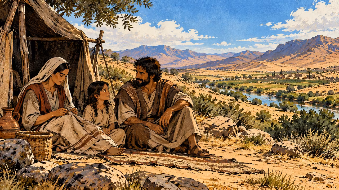 A Levite household sits at a tent with fields visible beyond.