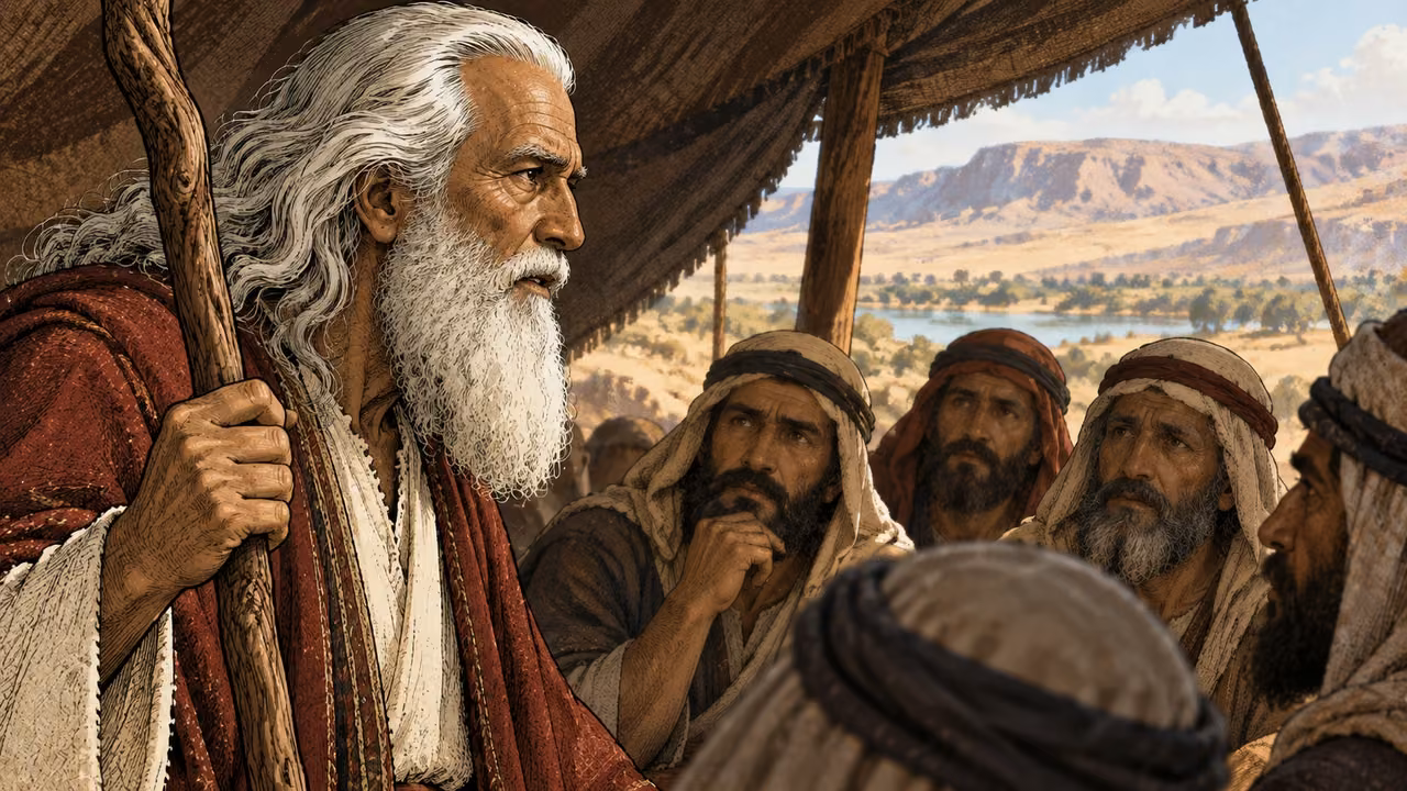 Moses speaks in close profile to listeners under tent shade.