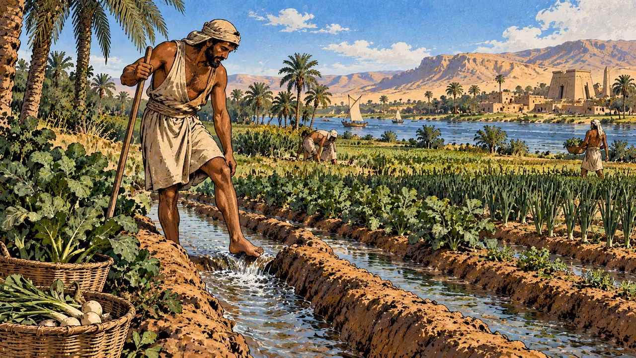 A farmer uses his foot beside a garden irrigation channel in Egypt.