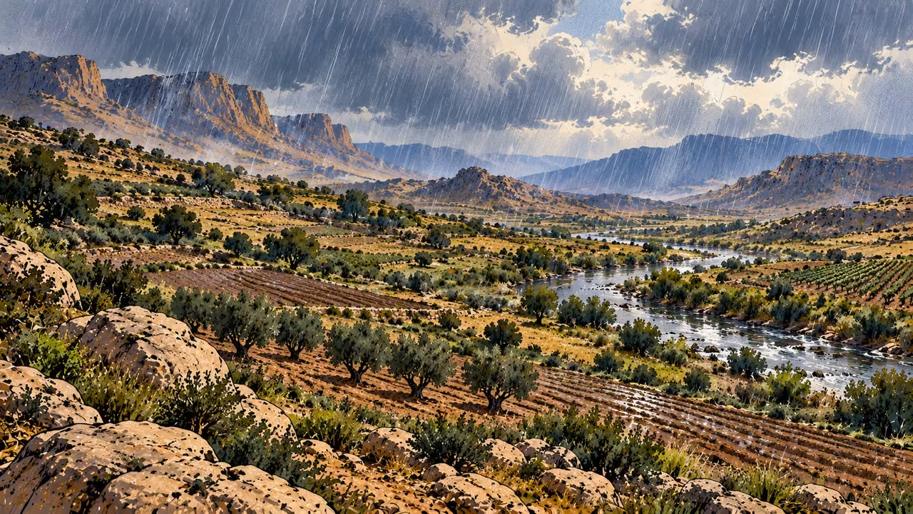 Rain falls across cultivated mountain slopes and a valley.